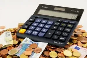 Calculator on euro coins and bills