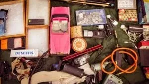 Flat lay of vintage garage-sale items