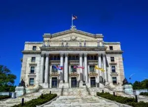 Courthouse building with flags