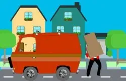Cartoon moving van and houses illustration