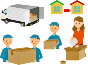 Cartoon movers, truck, houses illustration
