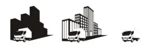 Black-white truck and buildings silhouettes