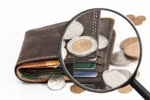 Wallet and coins under magnifier