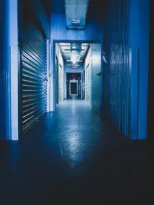 Blue self-storage unit hallway
