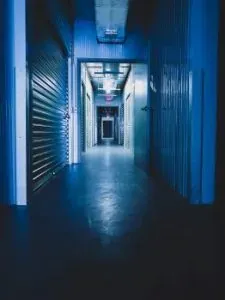Dark blue storage unit hallway
