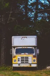 Old yellow-white box truck among trees