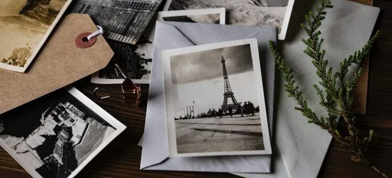 Vintage photos and envelopes on table