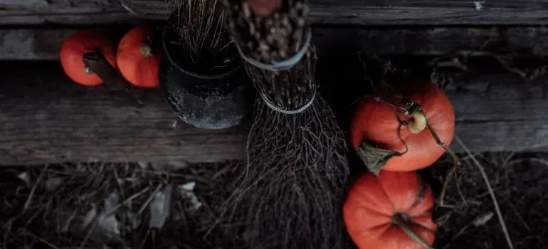 Witch broom, cauldron, pumpkins still life