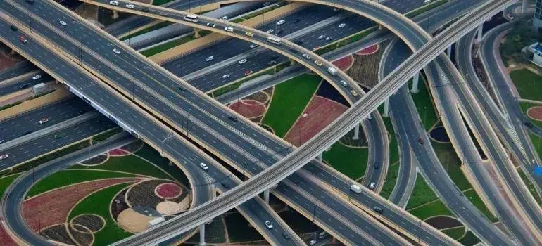 Aerial view of multi-level highway interchange