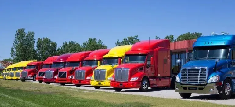 Colorful semi trucks parked in a row, no company lettering