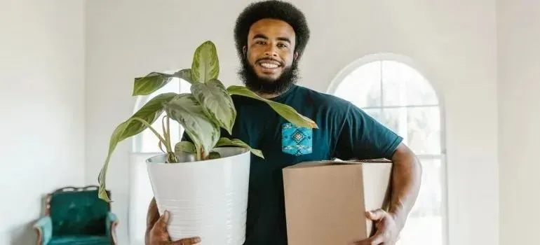Smiling man carrying potted plant and cardboard box indoors