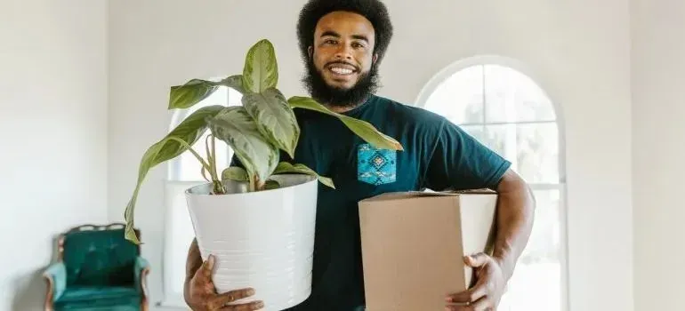 Smiling man carrying potted plant and cardboard box