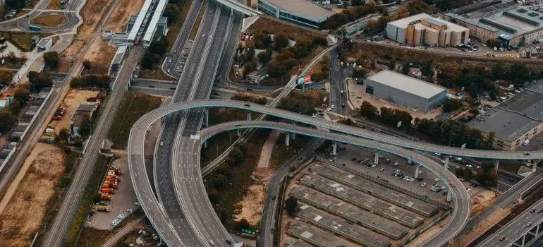 Aerial view of highway interchange with curved overpasses
