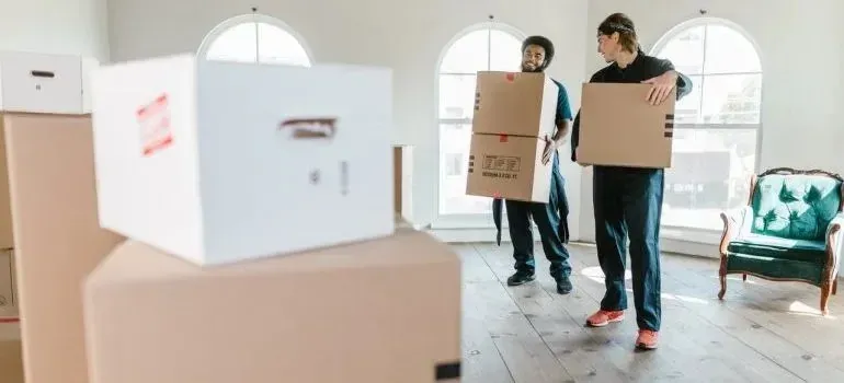Two movers carrying boxes in bright empty living room