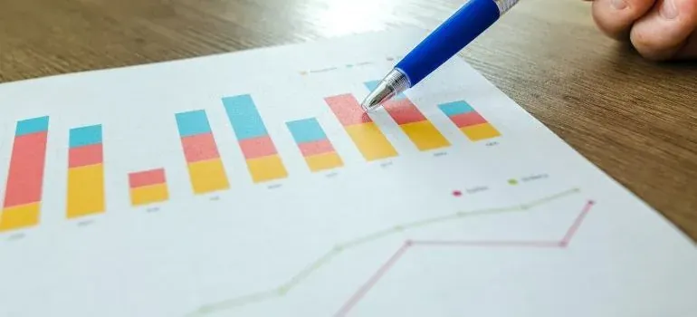 Pen pointing at printed bar charts