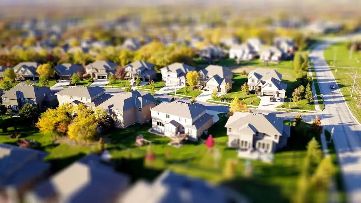 Tilt-shift aerial suburban neighborhood