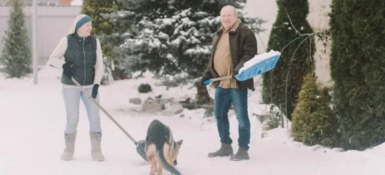 Couple shoveling snow with dog