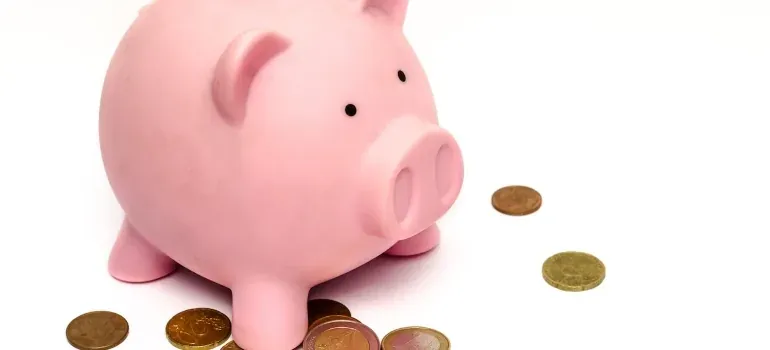 Pink piggy bank with coins
