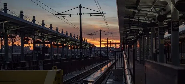 Train station platform at sunset
