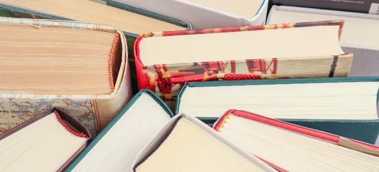Pile of hardcover books close-up
