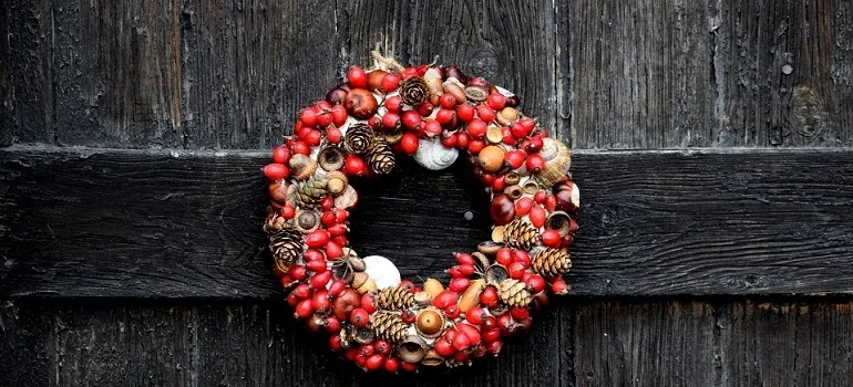 Red berry wreath on wooden door
