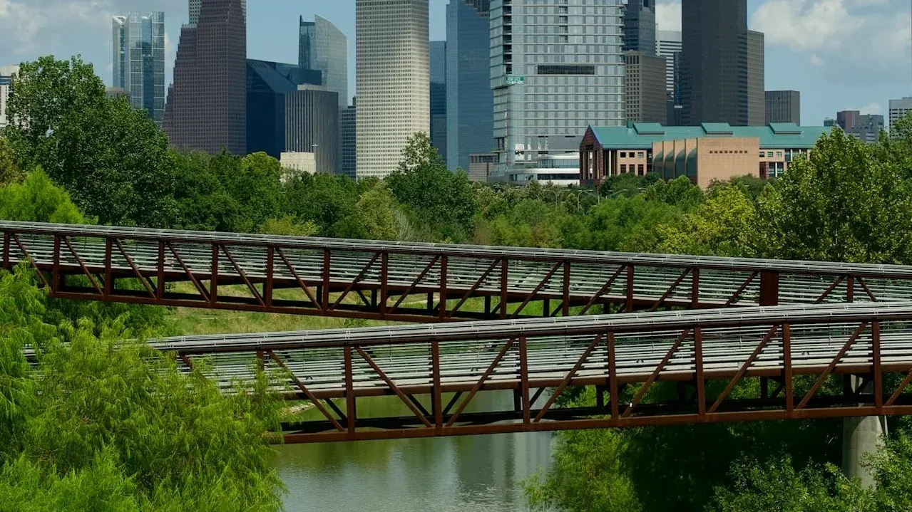 Houston skyline with pedestrian bridges