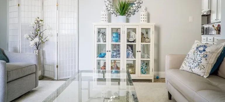Bright living room with display cabinet