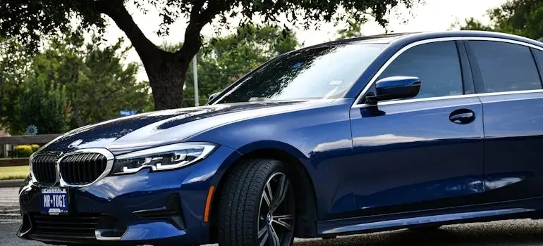 Blue BMW sedan parked under tree