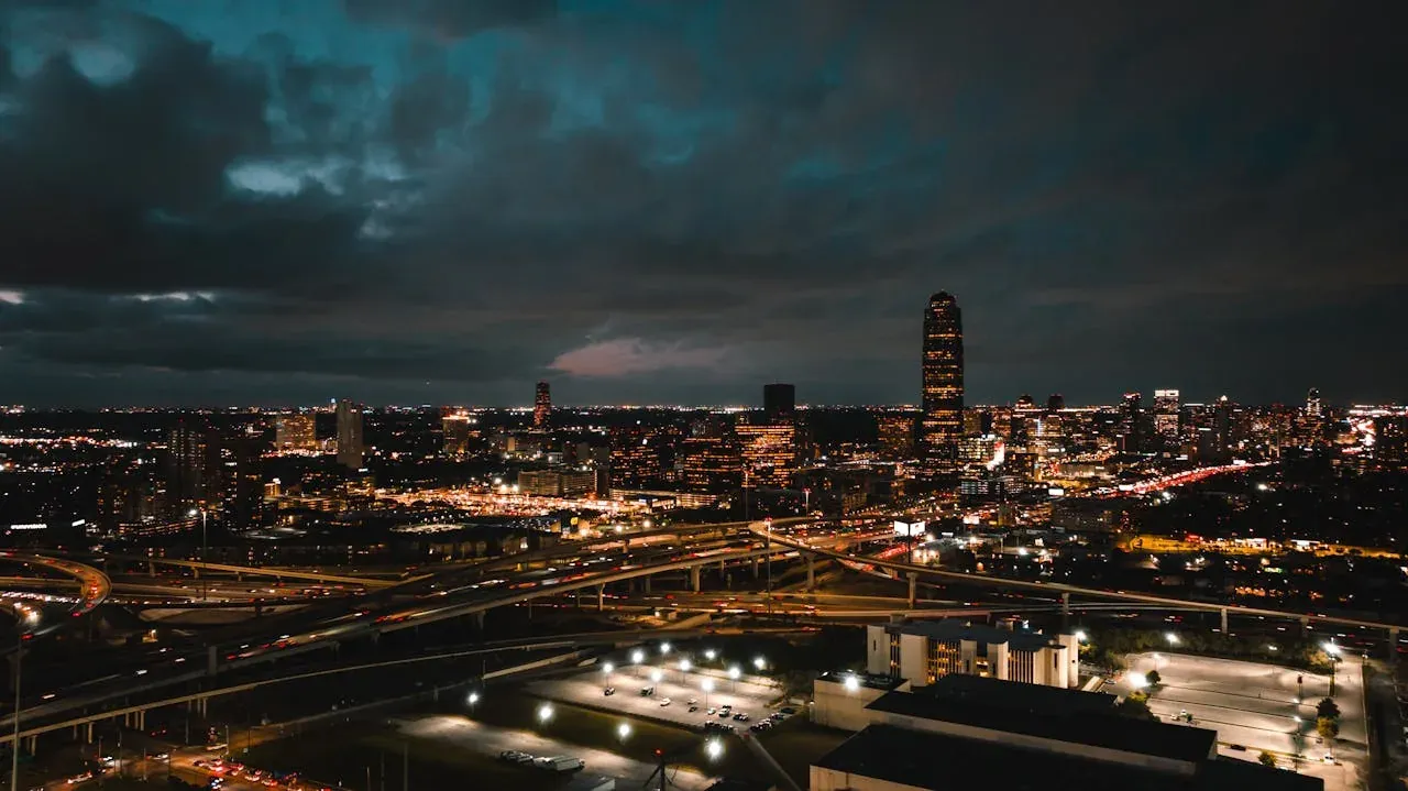 Night city skyline with highways