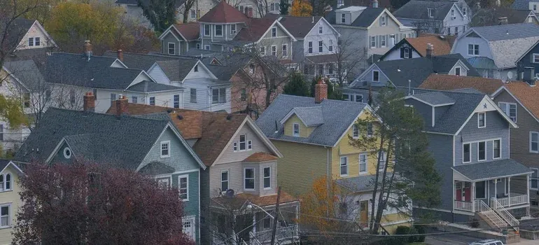 Dense colorful suburban houses hillside