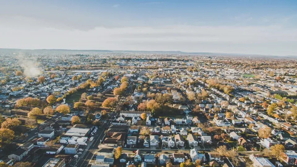 Aerial view of suburban town in autumn