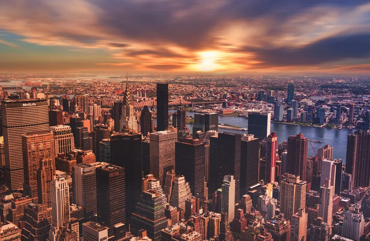 NYC skyline aerial at sunset