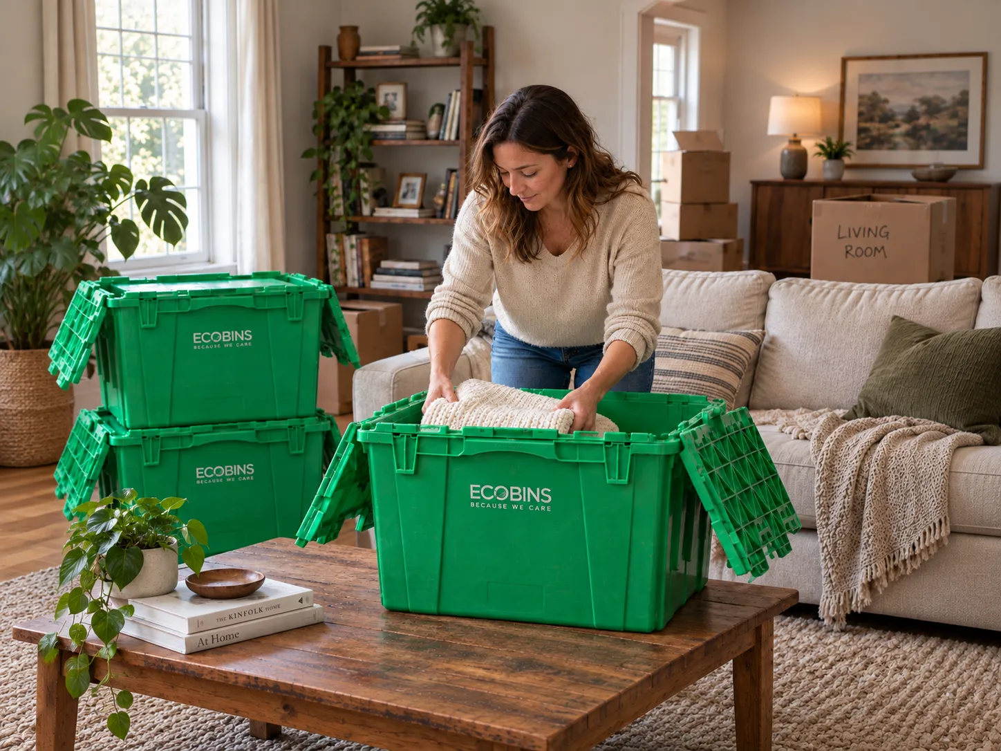 Woman packing a blanket into a green reusable EcoBins moving bin in a living room
