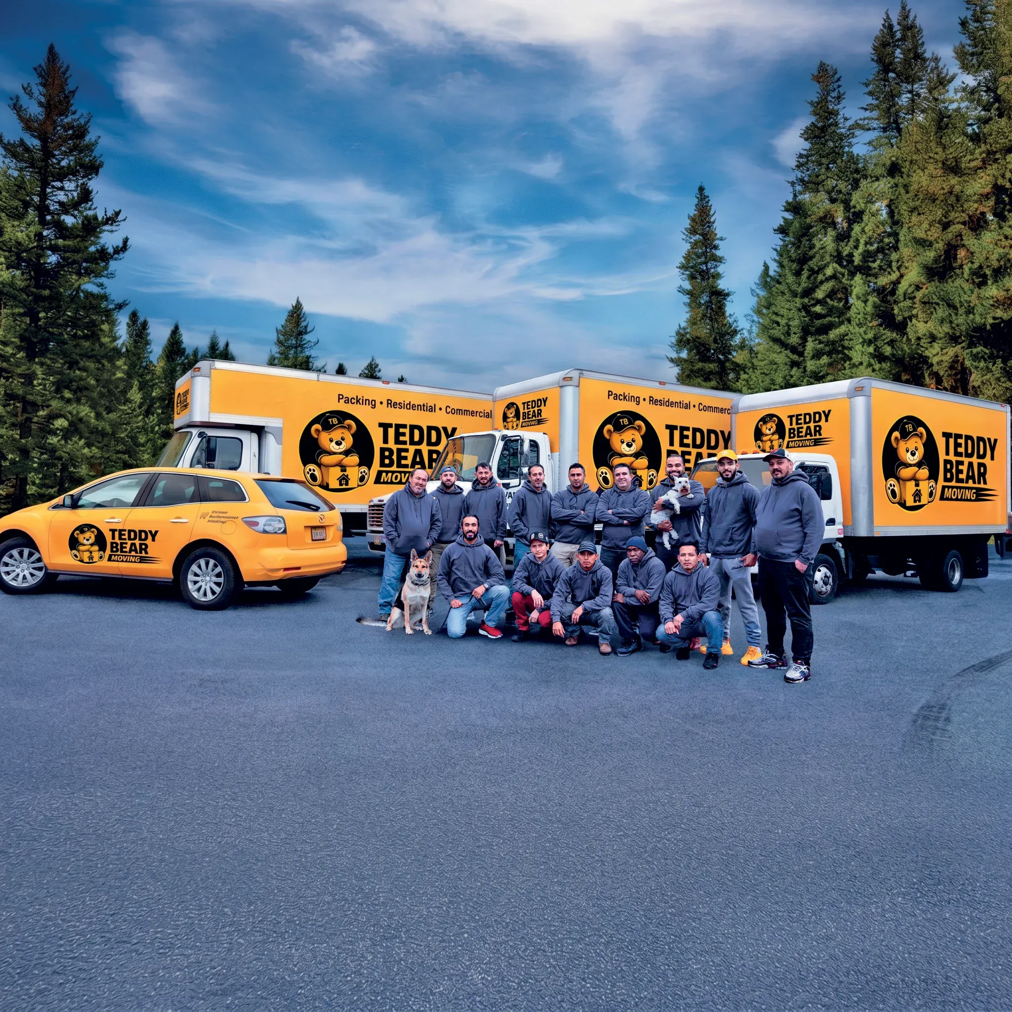 The Teddy Bear Moving crew standing in front of their branded fleet of moving trucks