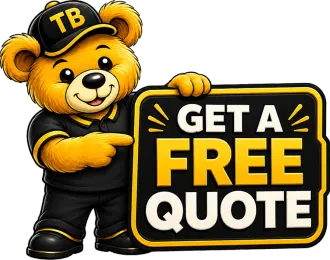 Teddy Bear Moving mascot holding a free quote sign