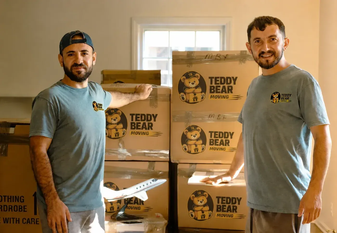 Movers carrying boxes into a New Jersey home