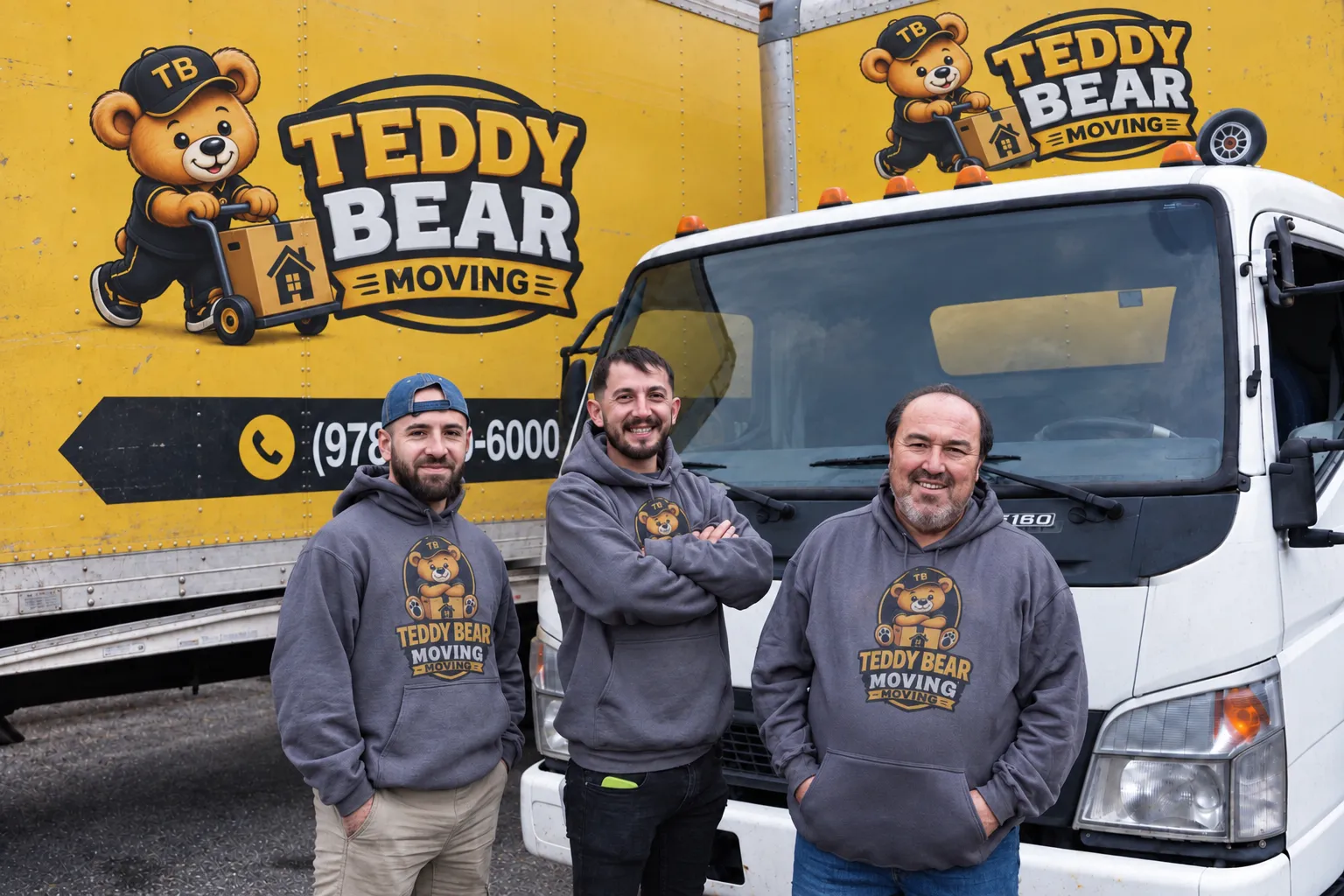 Three Teddy Bear Moving team members standing in front of branded moving trucks